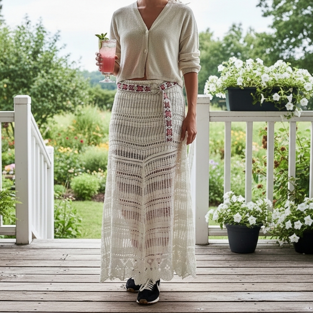 POL Openwork Boho Crochet Knit Scallop Maxi Skirt Butterfly Embroidered Belt - Picture 9 of 16